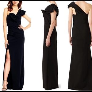 NWT black crepe one shoulder gown with bow detail